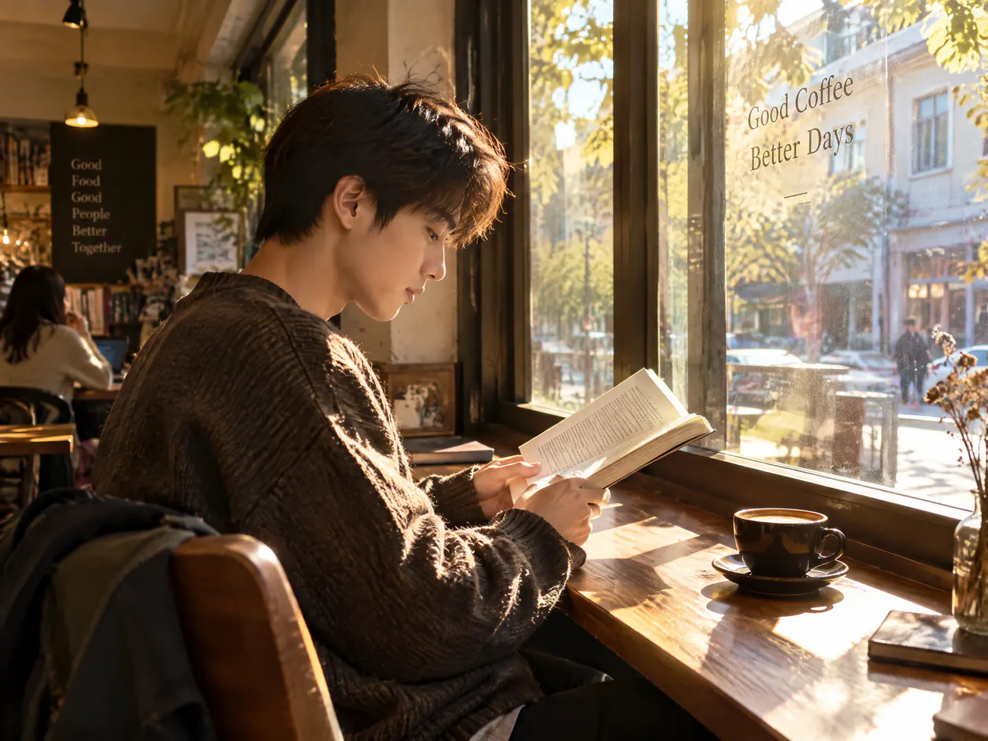 Foto cotidiana generada con IA: un joven lee junto a la ventana de una cafetería, con sol de la tarde sobre la mesa de madera y la taza, y letras decorativas en inglés en una pizarra al fondo