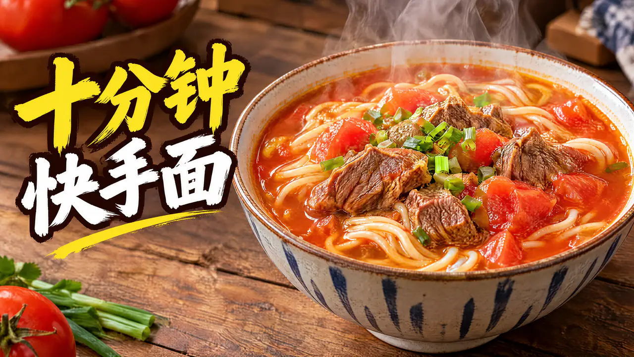 Miniatura de video de cocina en 16:9 generada con IA: un tazón humeante de fideos con ternera y tomate sobre una mesa de madera y, a la izquierda, un título grande en chino, «十分钟快手面»